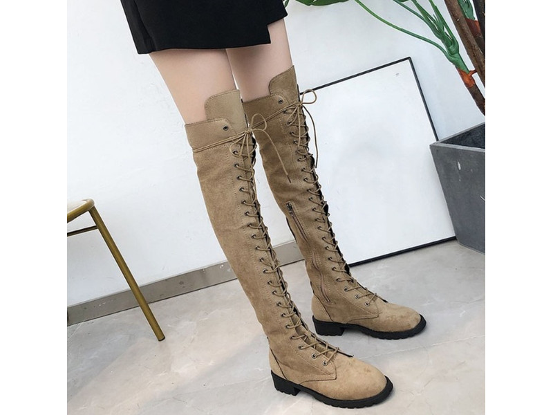 Over-the-knee Thigh High Boots Lace-up Khaki Side Zipper Concise Retro Women Shoes Autumn Winter Over-the-knee Thigh High Boots Lace-up Khaki Side Zipper Concise Retro Women Shoes Autumn Winter