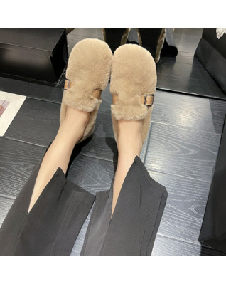 Women Flats Platform Shoes Plus Velvet Keep Warm Buckle Strap Accessories Cross Fluffy Faux Fur 2023 New Fashion Winter