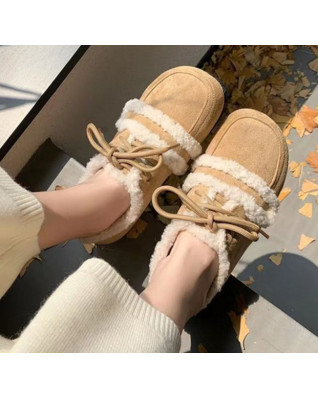 Women's Plus Velvet Keep Warm Wool Flats Lafers Shoes Concise Casual Lace Winter Fashion Sapatos Femininos