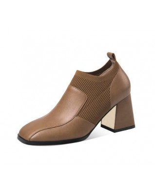 Retro Elastic Knitting Splicing Square High Heels Pumps British Style Ankle Boots 2023 New Fashion Party All-match Women's Shoes